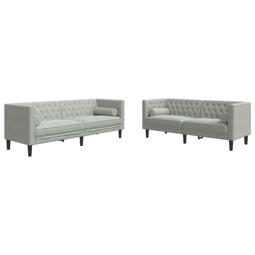3-tlg. Chesterfield-Sofa-Set mit Nackenrollen Hellgrau Samt