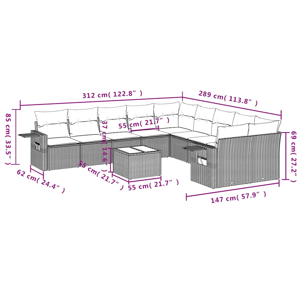 10-tlg. Garten-Sofagarnitur mit Kissen Schwarz Poly Rattan