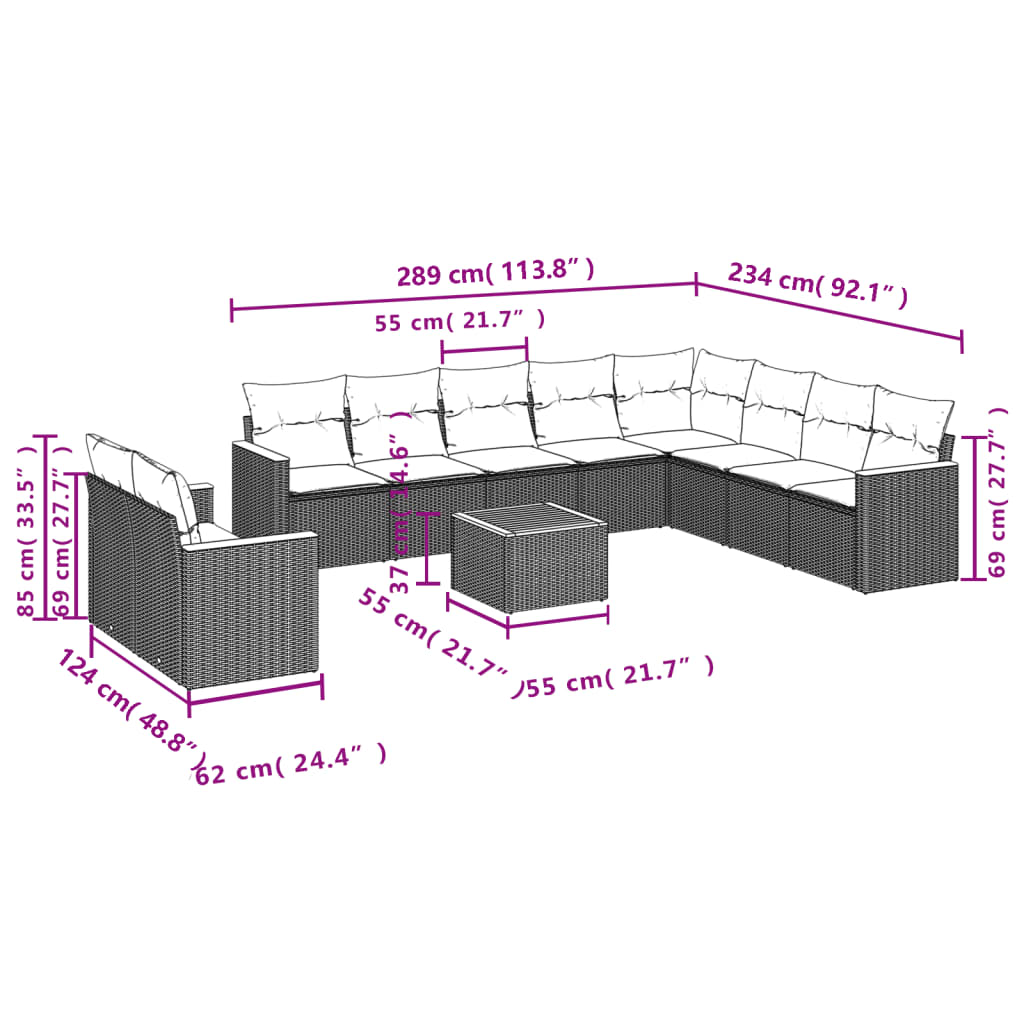 10-tlg. Garten-Sofagarnitur mit Kissen Schwarz Poly Rattan