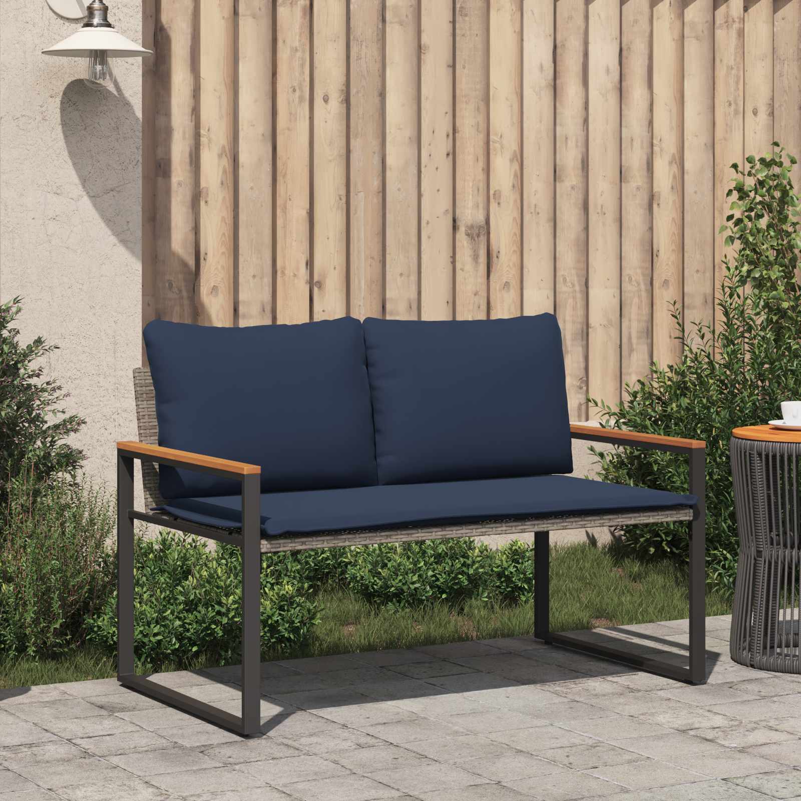 Bank mit Kissen Schwarz und Cremeweiß 115 x 65 x 72 cm Rattan