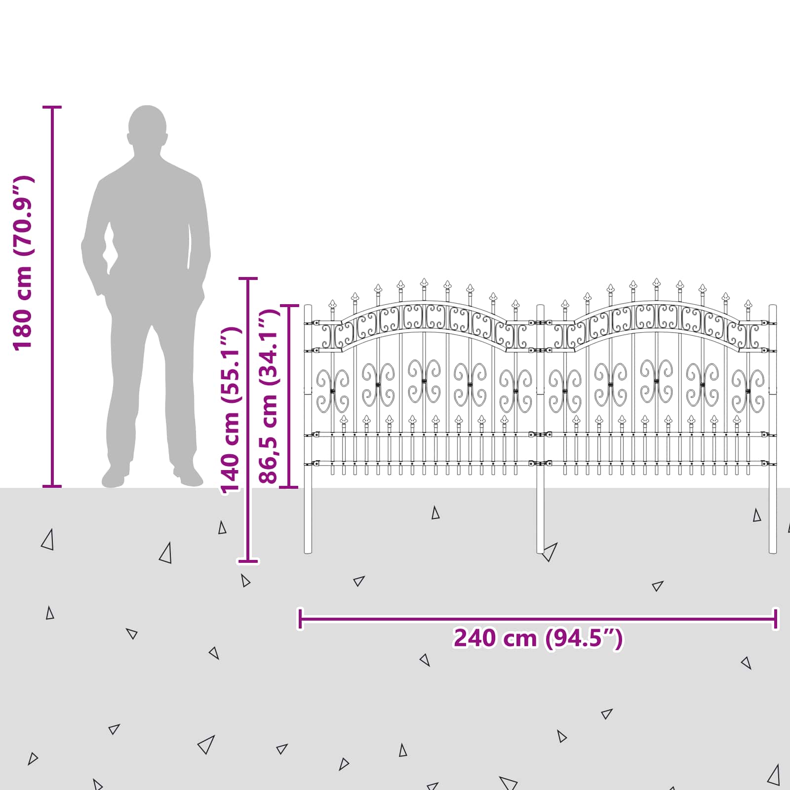 Gartenzaun KAMPEN mit Speerspitze Schwarz 240 x 75 cm Stahl