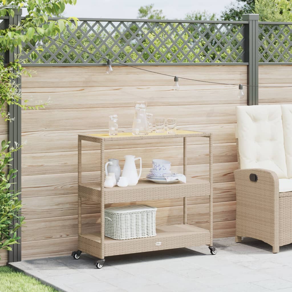 Barwagen 3 Böden Schwarz Poly Rattan und Massivholz Akazie