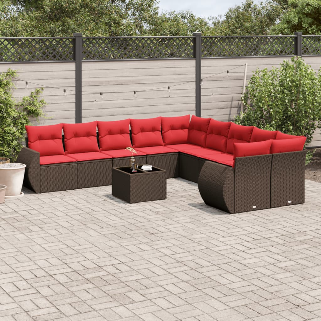 10-teiliges Gartensofa-Set mit Kissen, schwarzes Polyrattan
