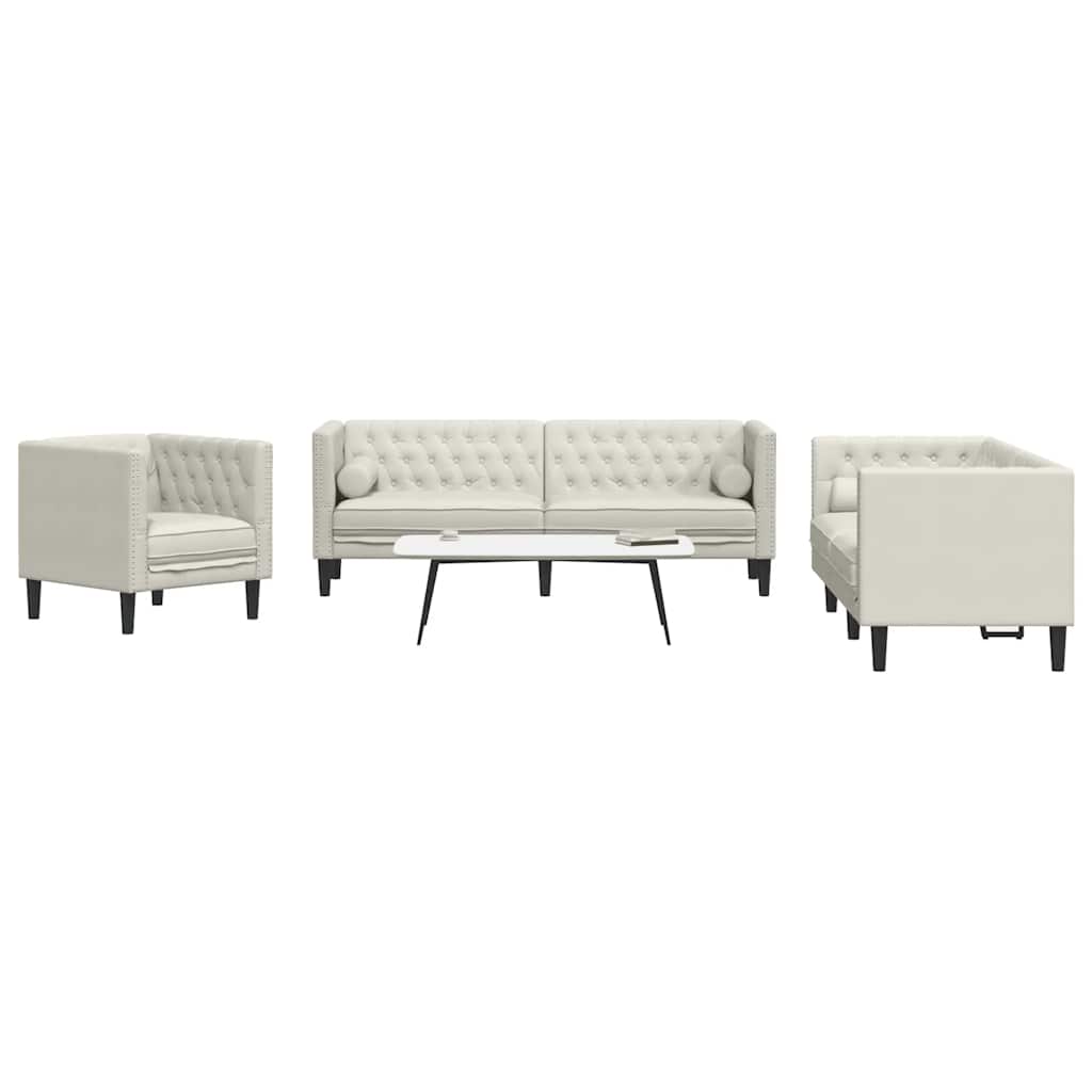 3-tlg. Chesterfield-Sofa-Set mit Nackenrollen Hellgrau Samt