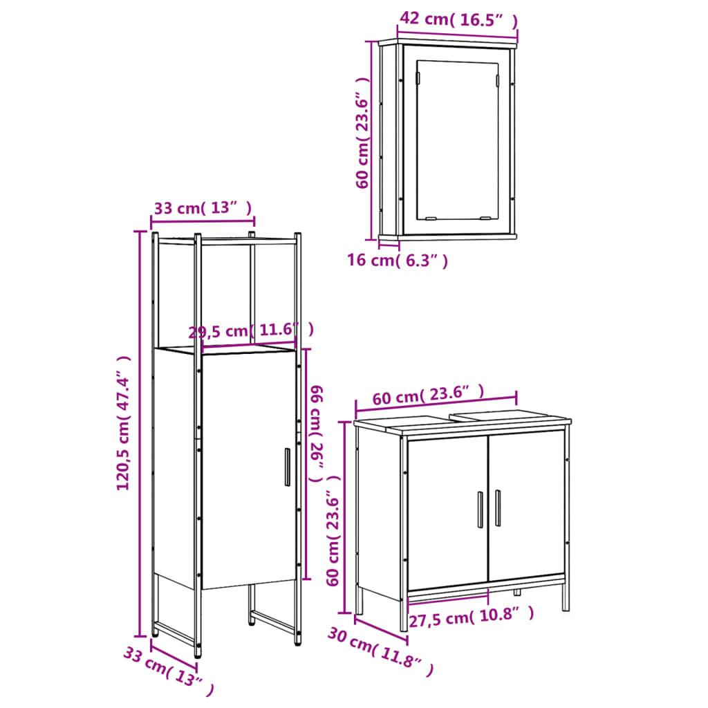 3-tlg. Badmöbel-Set Räuchereiche Holzwerkstoff