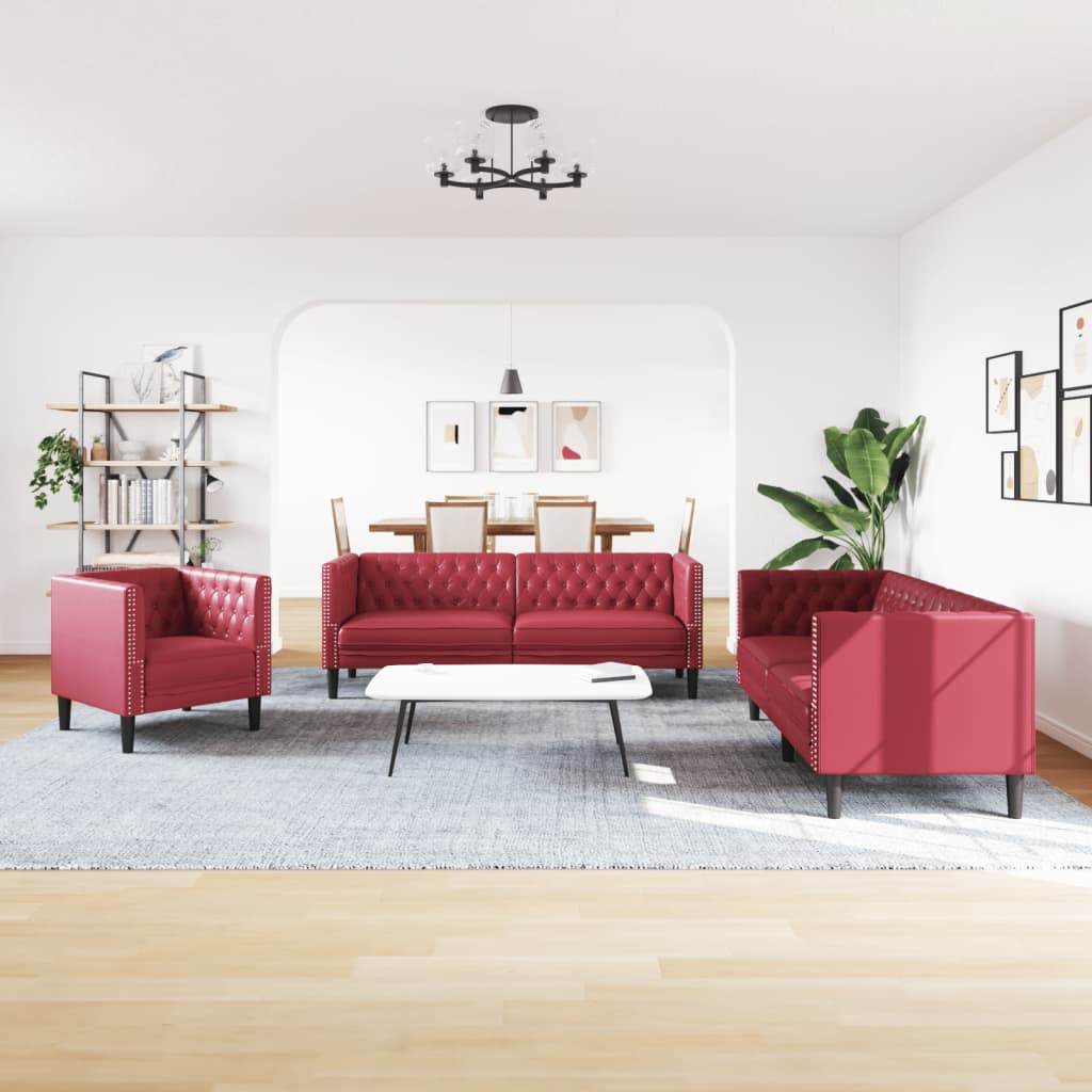 3-tlg. Chesterfield-Sofa-Set Schwarz Kunstleder