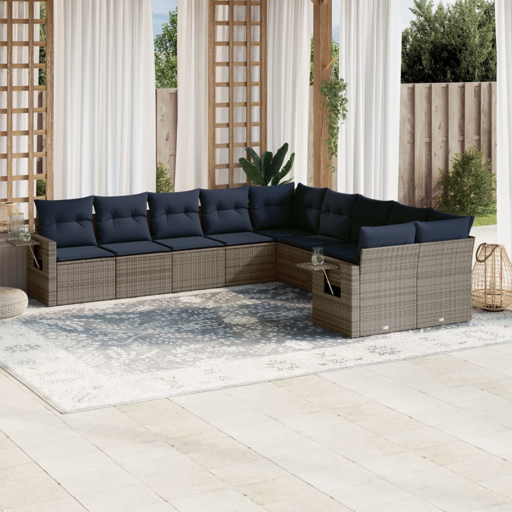 10-teiliges Gartensofa-Set mit Kissen, schwarzes Polyrattan