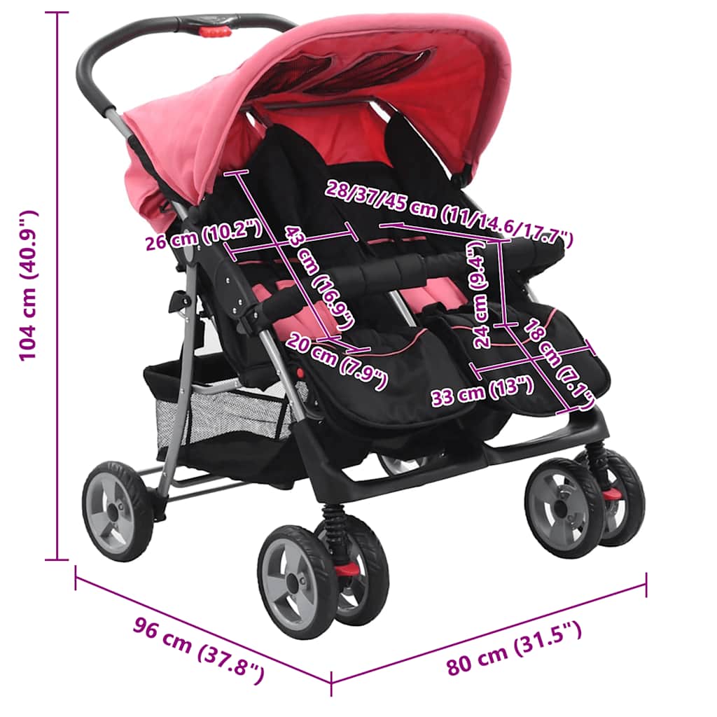 Zwillingskinderwagen Stahl Rot und Schwarz