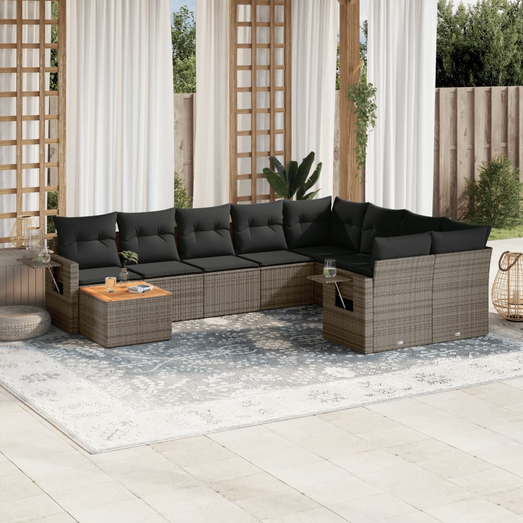 10-tlg. Garten-Sofagarnitur mit Kissen Schwarz Poly Rattan
