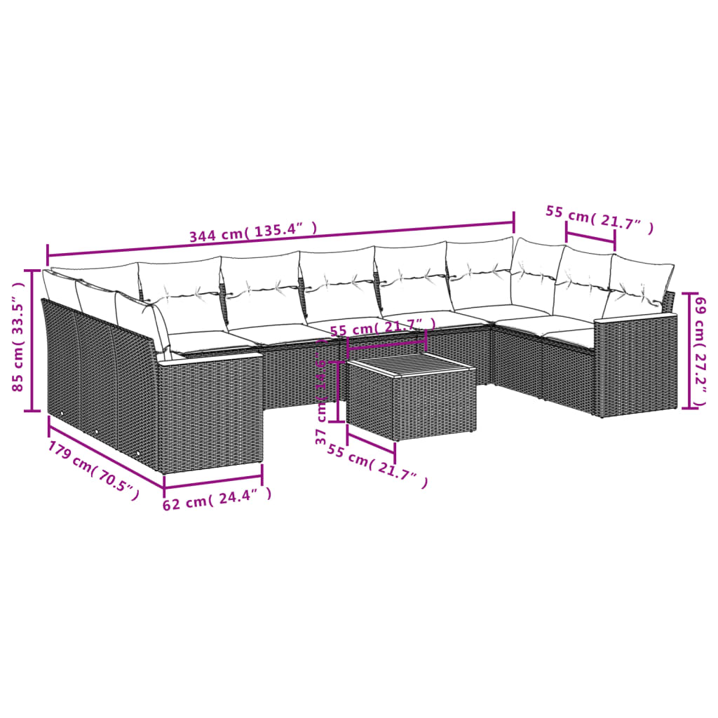 10-tlg. Garten-Sofagarnitur mit Kissen Schwarz Poly Rattan