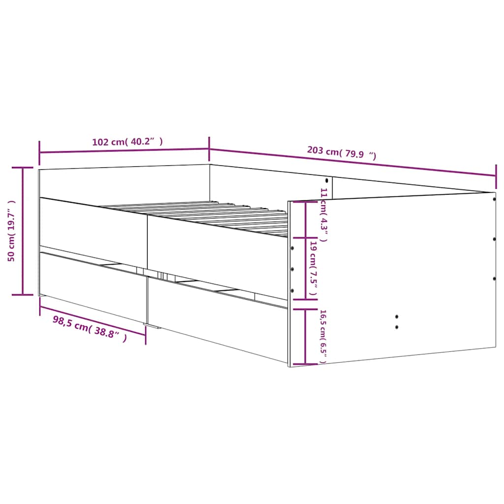 Bett mit Schubladen Braun Eiche-Optik 75x190 cm