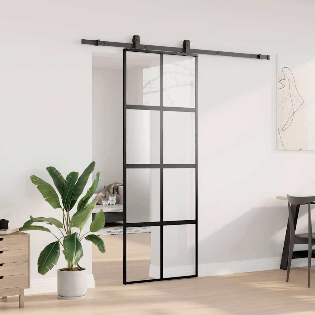 Schiebetür mit Beschlag Schwarz 76x205 cm ESG-Glas