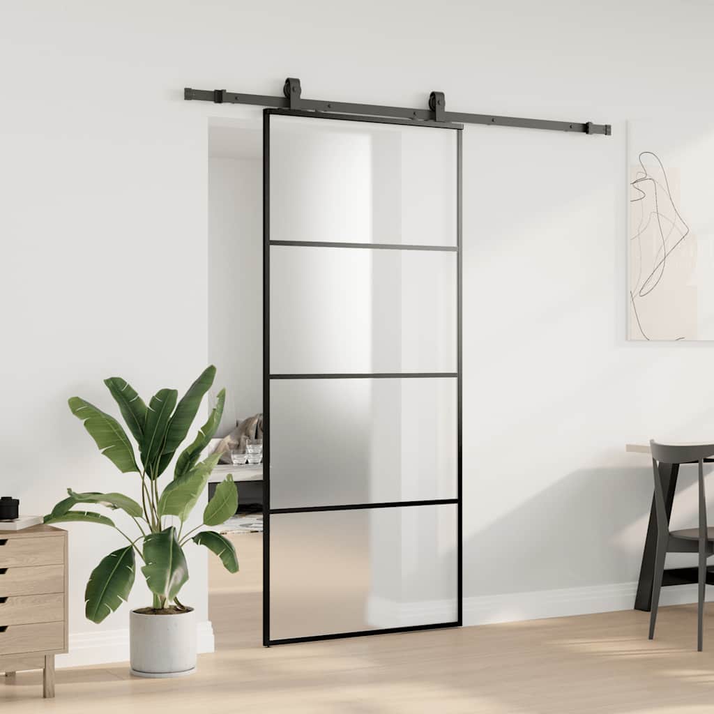 Schiebetür mit Beschlag Schwarz 76x205 cm ESG-Glas