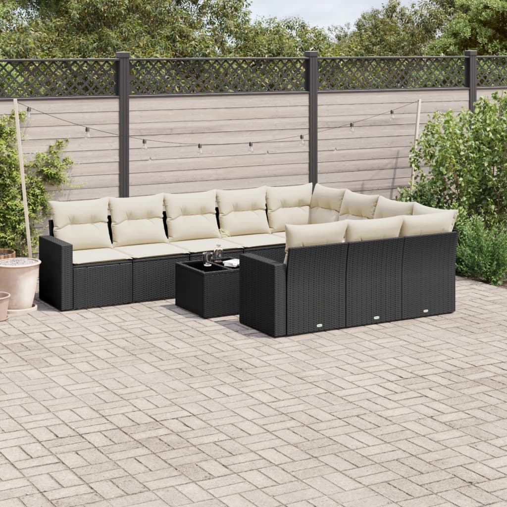 10-tlg. Garten-Sofagarnitur mit Kissen Schwarz Poly Rattan