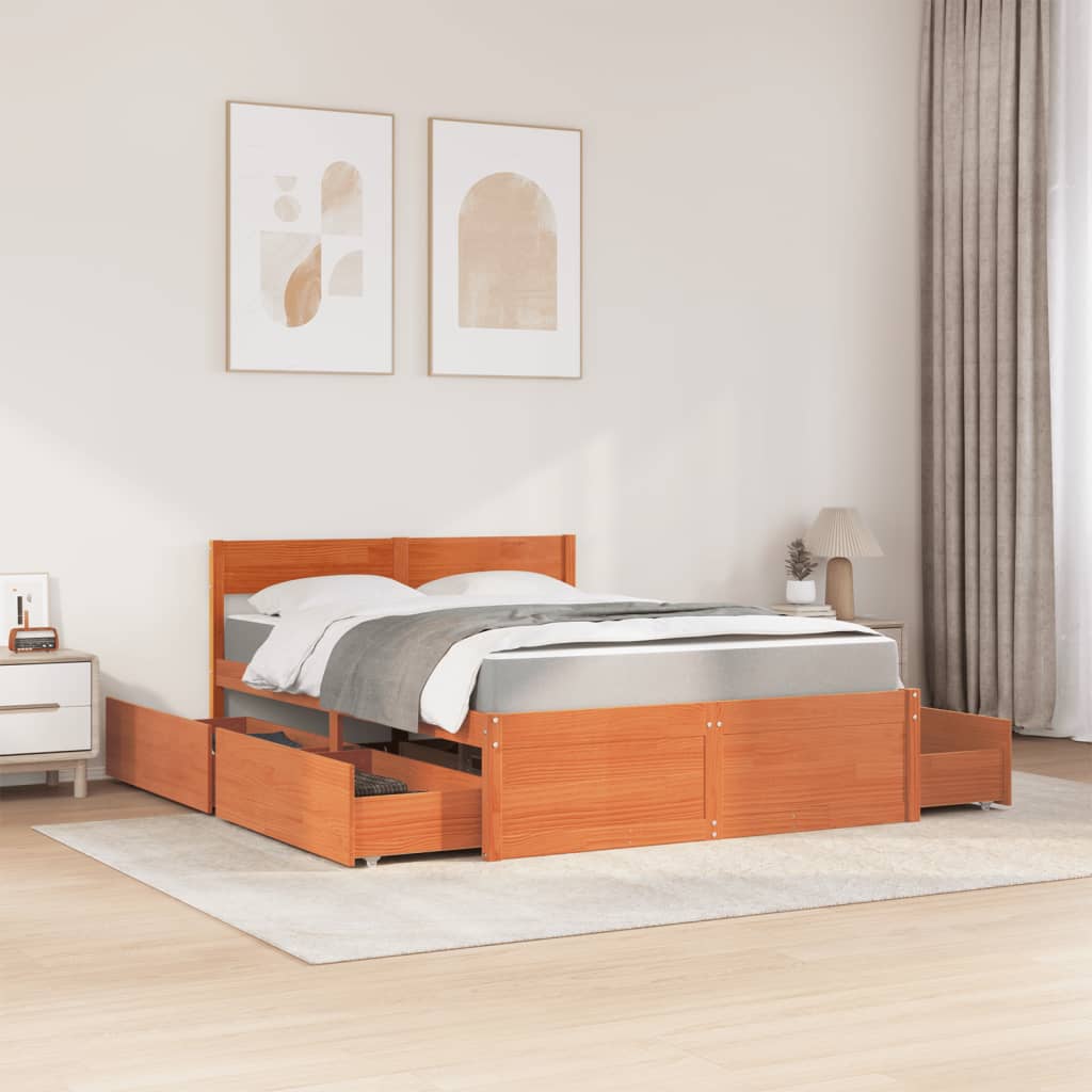 Bett mit Schubladen und Matratze 200x200 cm Massivholz Kiefer