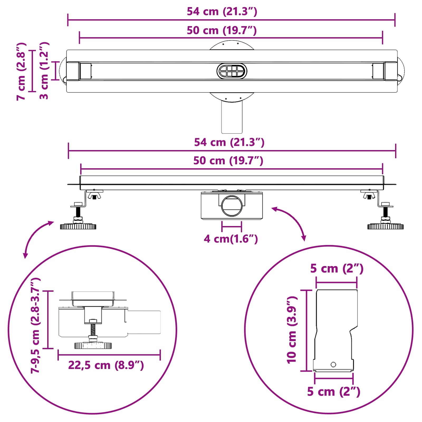 360° Duschablauf mit slim Modell Silber 50 cm Edelstahl 304