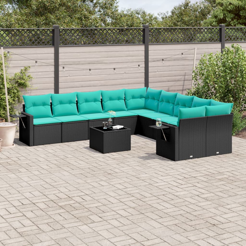 10-teiliges Gartensofa-Set mit Kissen, schwarzes Polyrattan