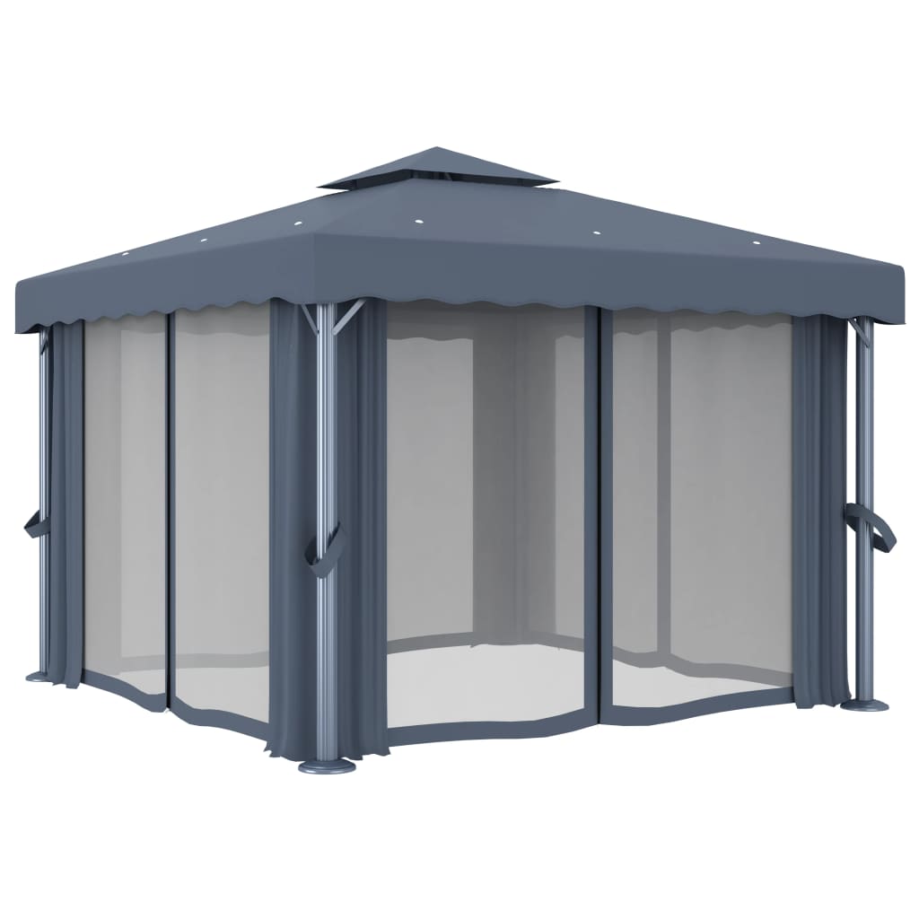 Pavillon mit Vorhängen & LED-Lichterkette 3x3 m Cremeweiß