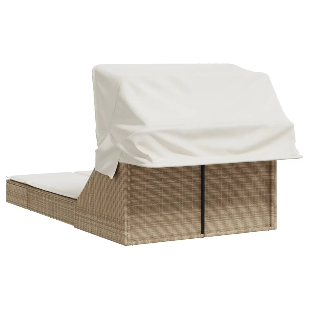 Doppel-Sonnenliege mit Dach und Auflagen Braun Poly Rattan