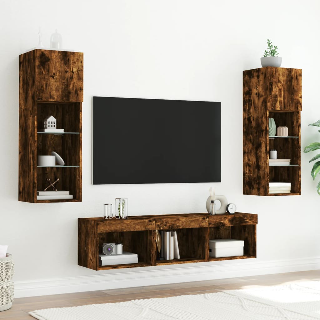 5-tlg. Wohnwand mit LED-Beleuchtung Weiß Holzwerkstoff