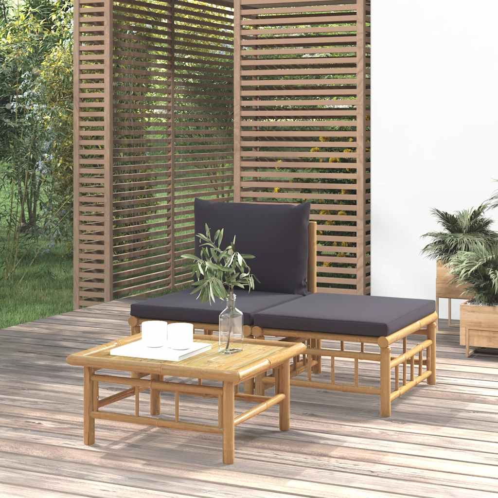 3-tlg. Garten-Lounge-Set mit Kissen Creme Bambus