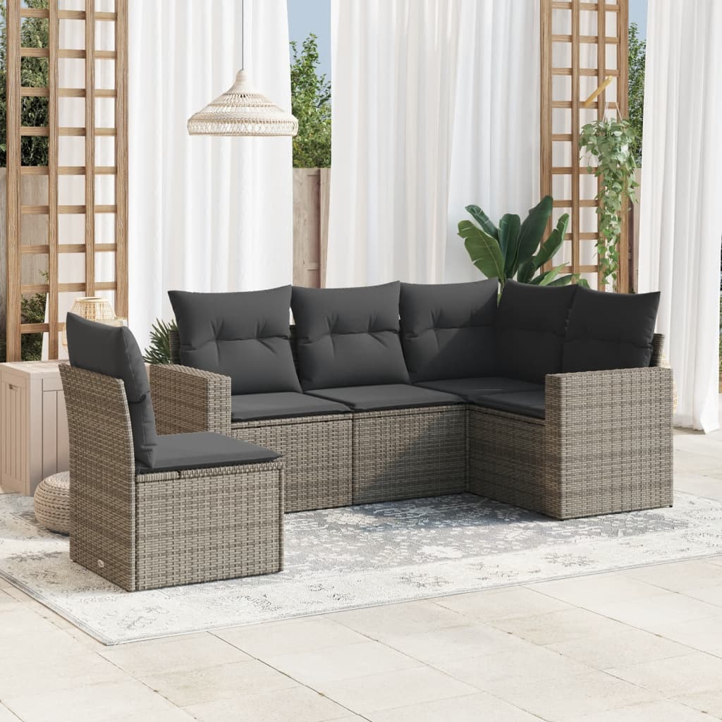 5-tlg. Garten-Sofagarnitur mit Kissen Schwarz Poly Rattan