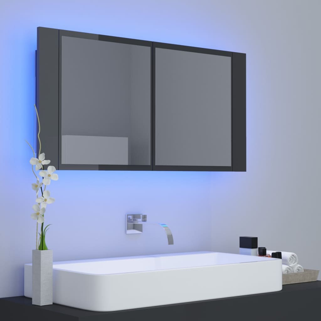 LED-Bad-Spiegelschrank Grau 90x12x45 cm Acryl