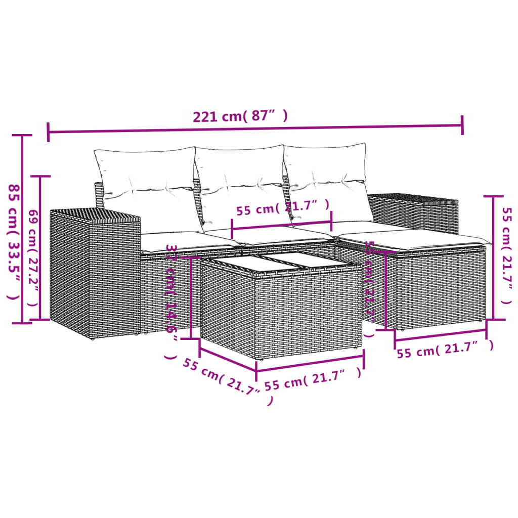4-teiliges Gartensofa-Set mit Kissen, schwarzes Polyrattan
