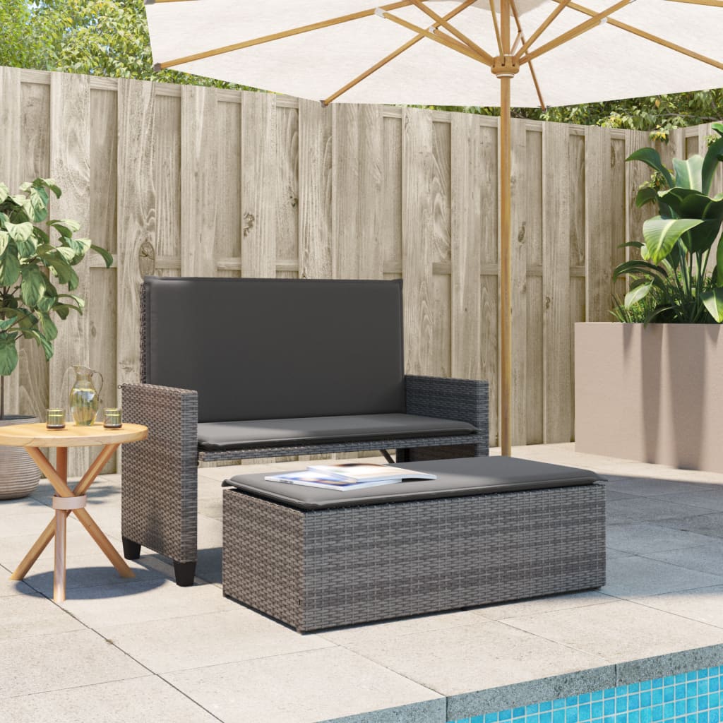 Gartenbank mit Kissen und Hocker Schwarz Poly Rattan