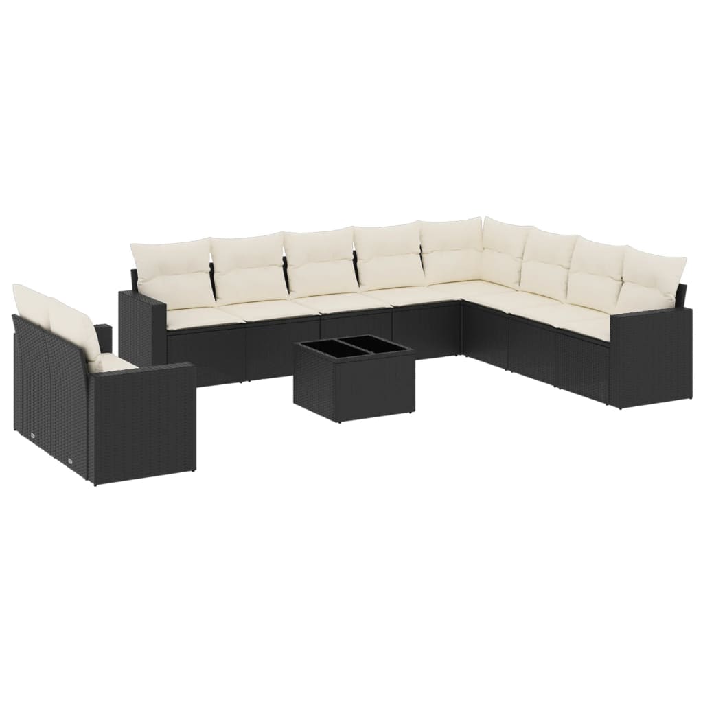 10-tlg. Garten-Sofagarnitur mit Kissen Schwarz Poly Rattan