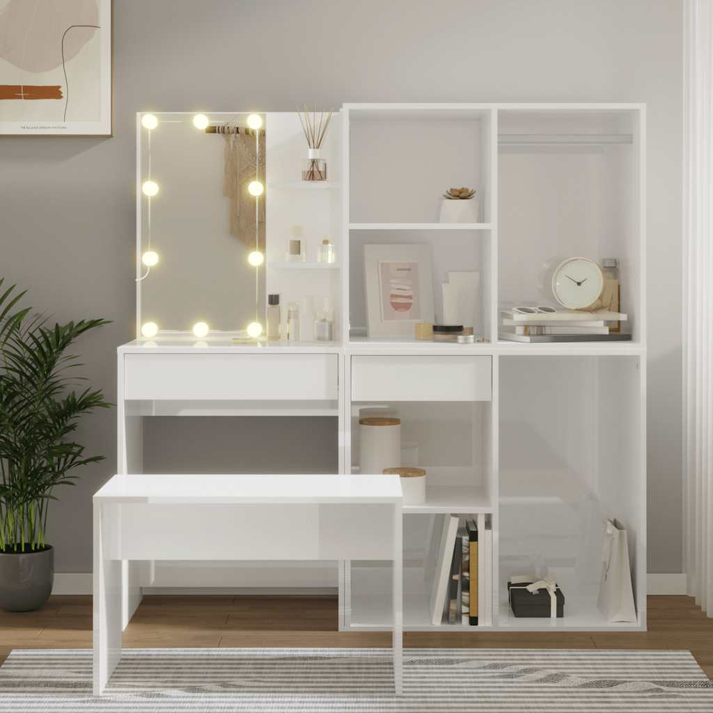 Schminktisch-Set mit LED Weiß Holzwerkstoff