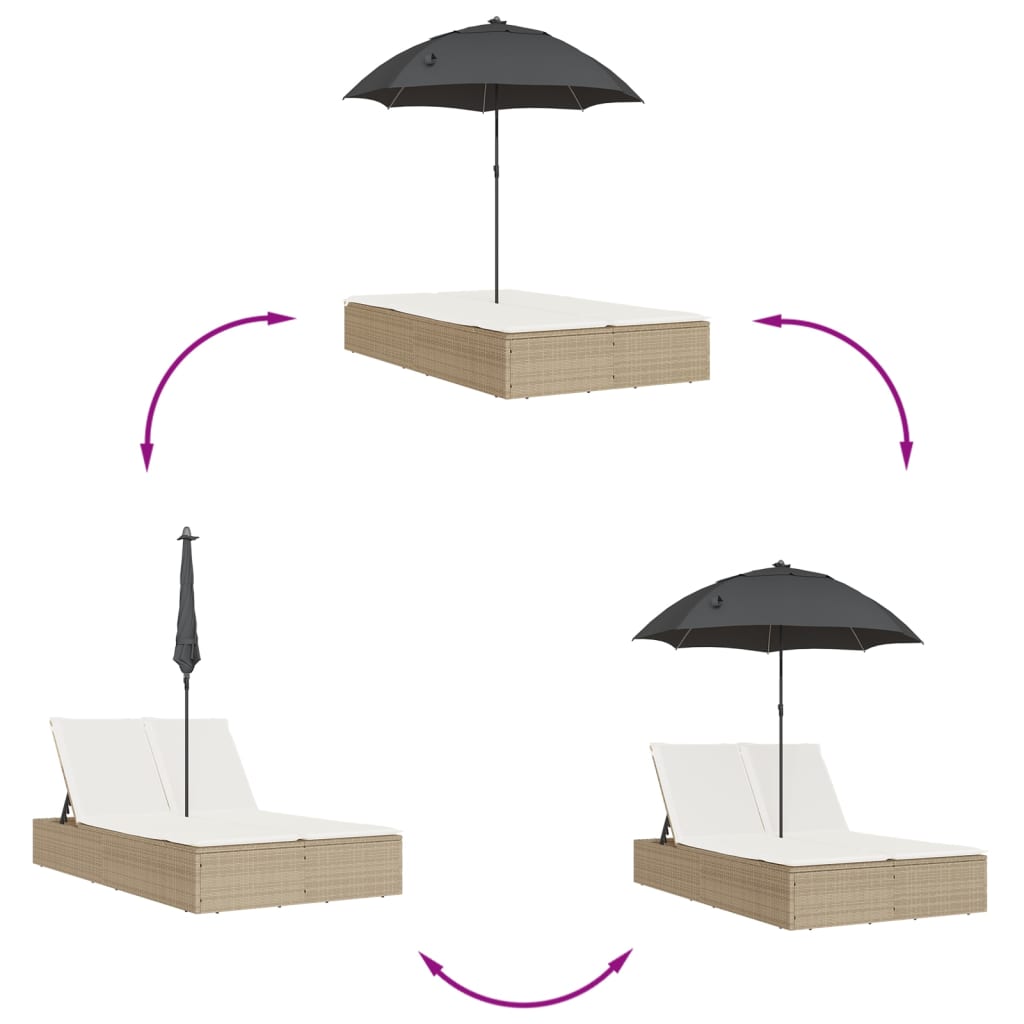 Doppel-Sonnenliege mit Kissen&Sonnenschirm Schwarz Poly Rattan