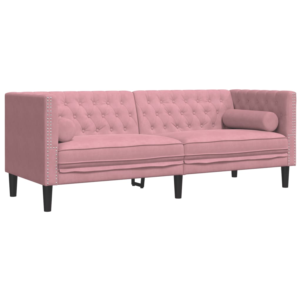 3-tlg. Chesterfield-Sofa-Set mit Nackenrollen Hellgrau Samt