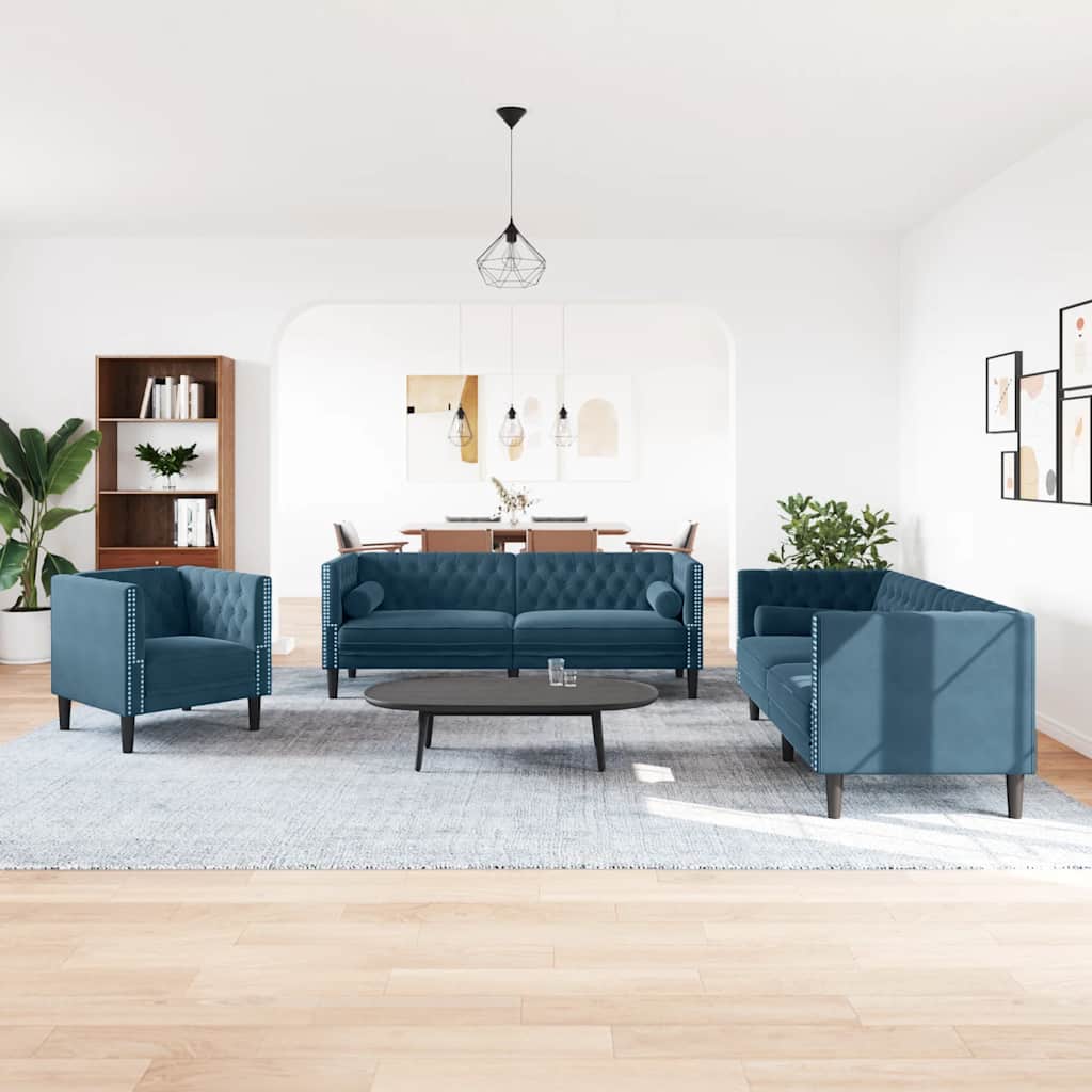 3-tlg. Chesterfield-Sofa-Set mit Nackenrollen Hellgrau Samt