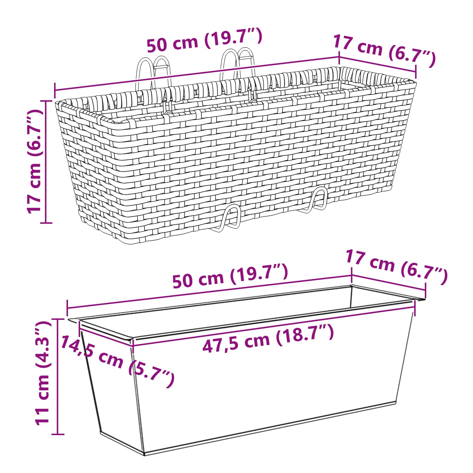Balkon 2 pcs Schwarz 50 x 17 x 17 cm Metall