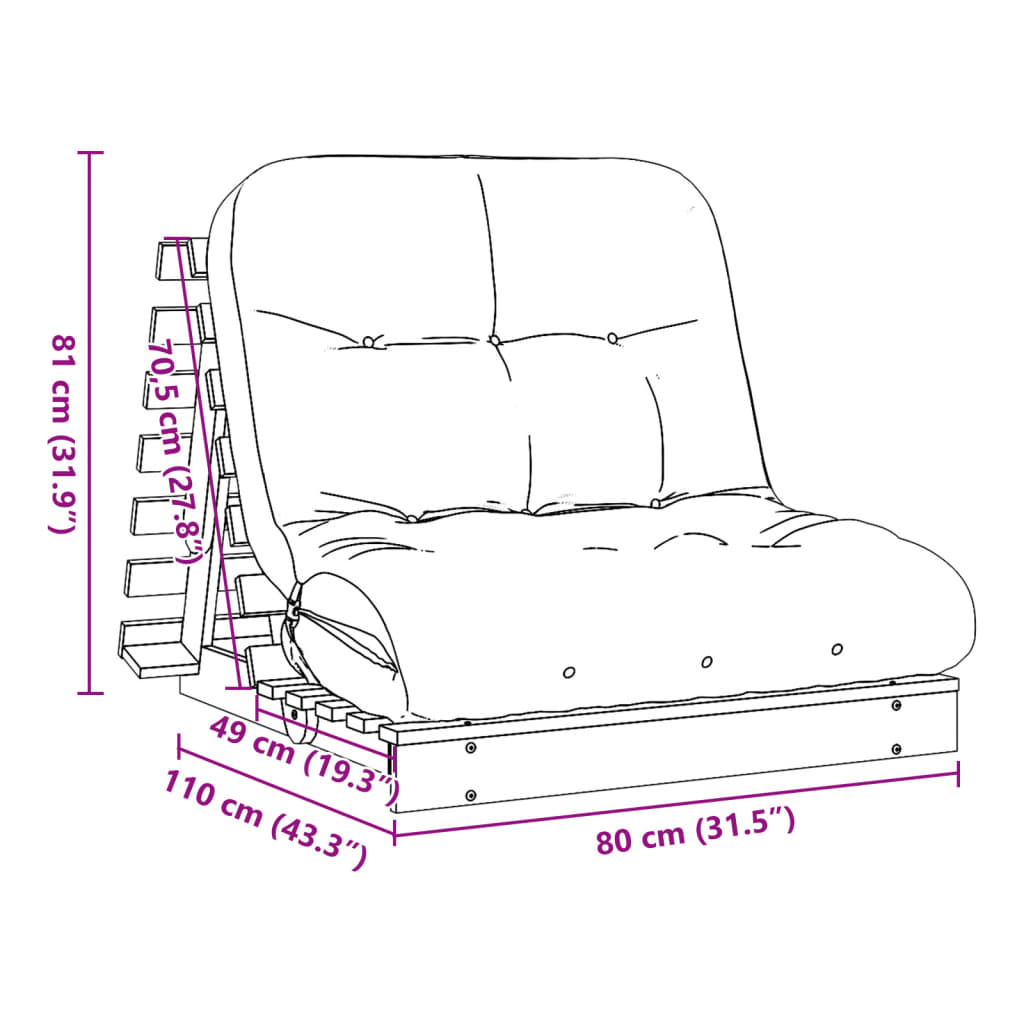 Futon Schlafsofa mit Matratze Braun 70x206x11 Massivholz Kiefer