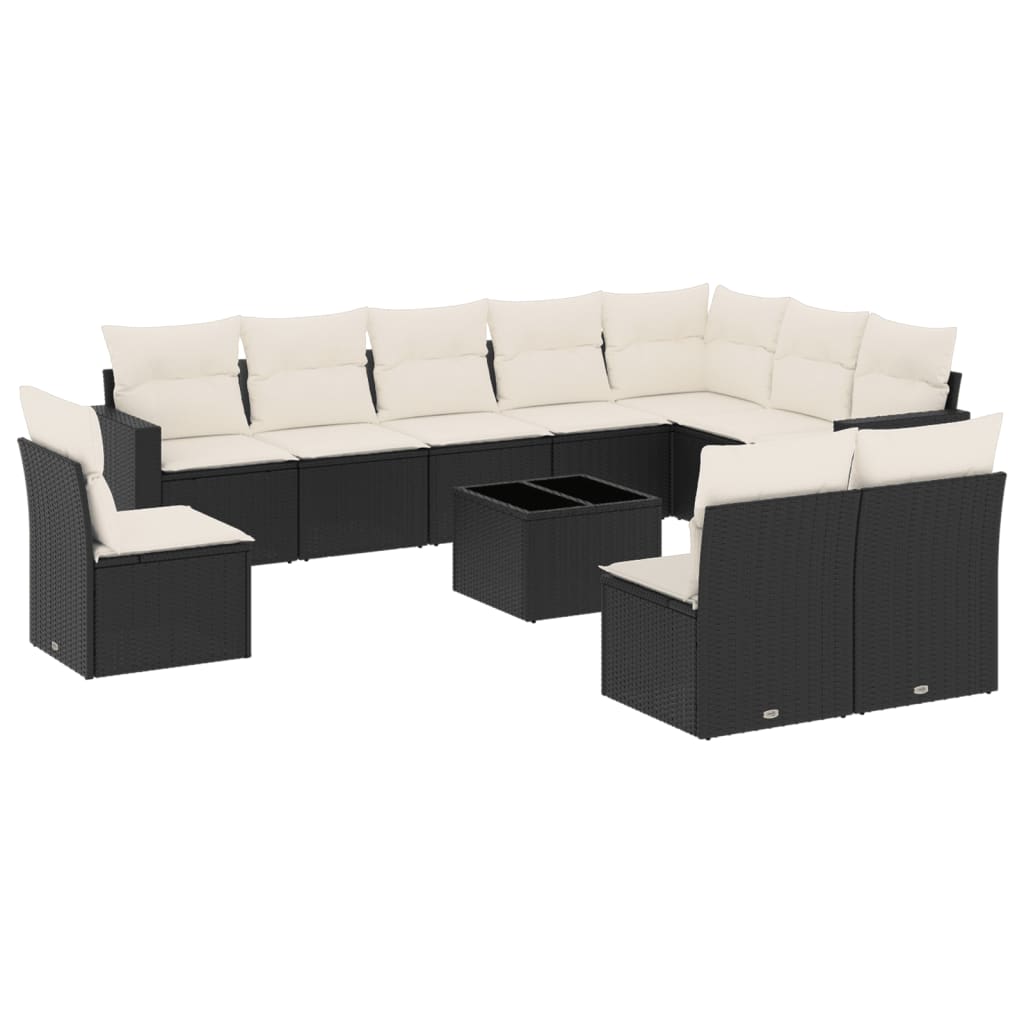 10-tlg. Garten-Sofagarnitur mit Kissen Schwarz Poly Rattan