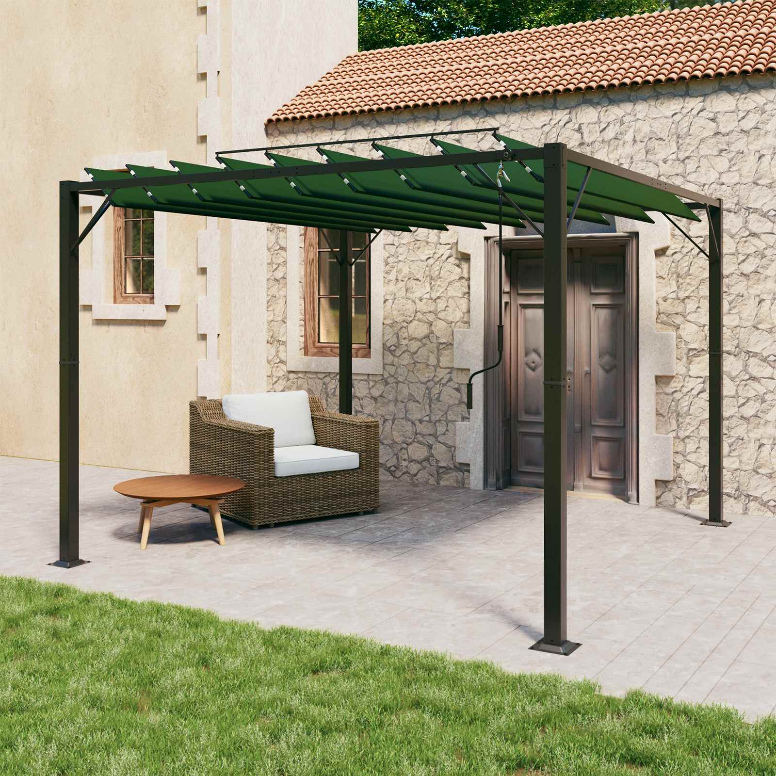 Pergola mit Lamellendach 3x3 m Creme Stoff und Aluminium