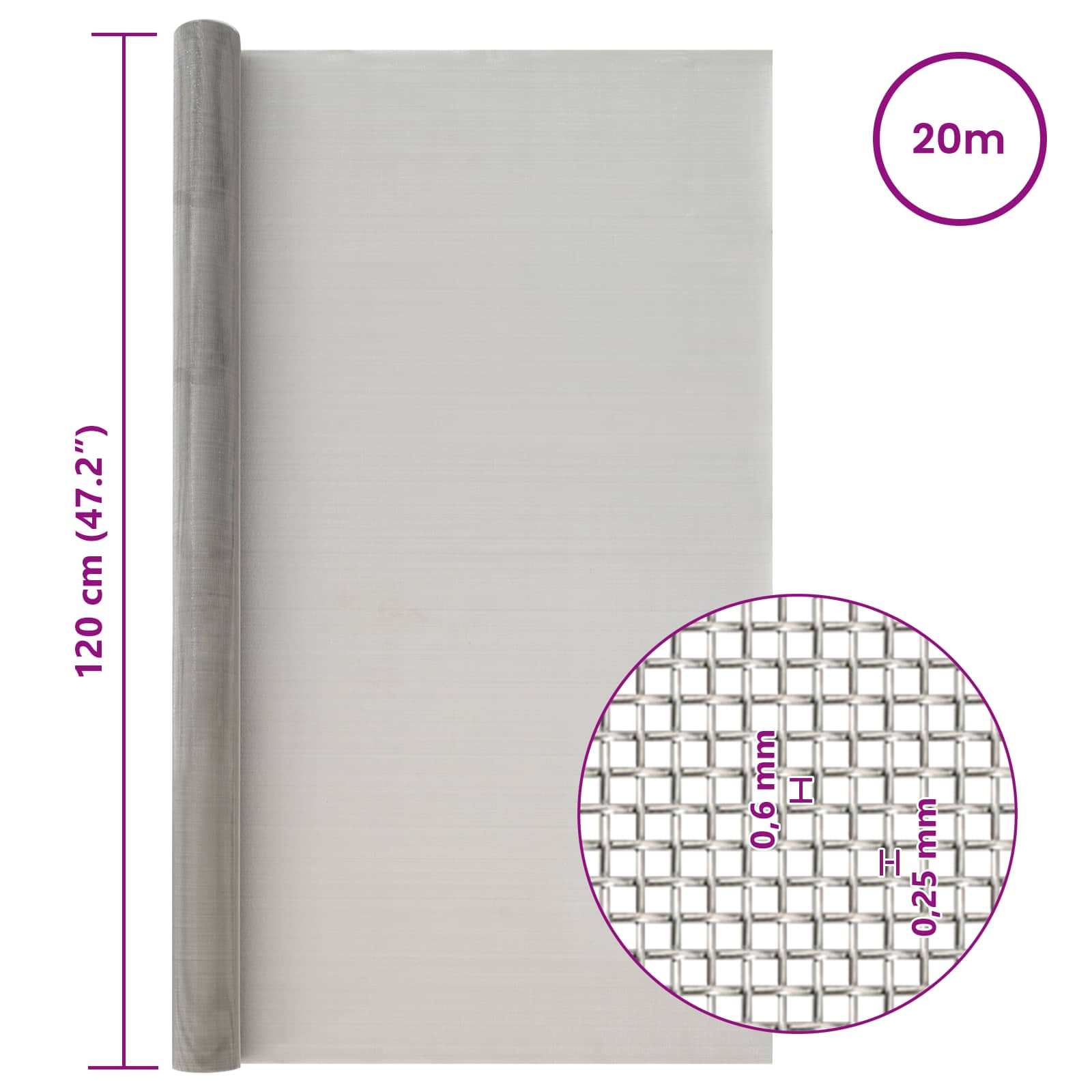 Mesh Bildschirm 20 x 500 cm 20 Mesh Edelstahl 201 Silber