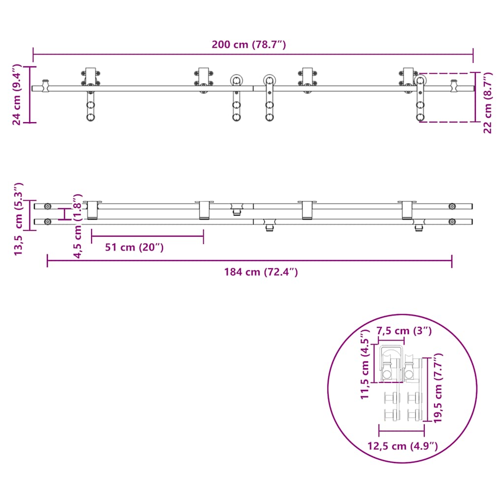 Schiebetür-Beschlagsatz 200 cm Edelstahl Silbern