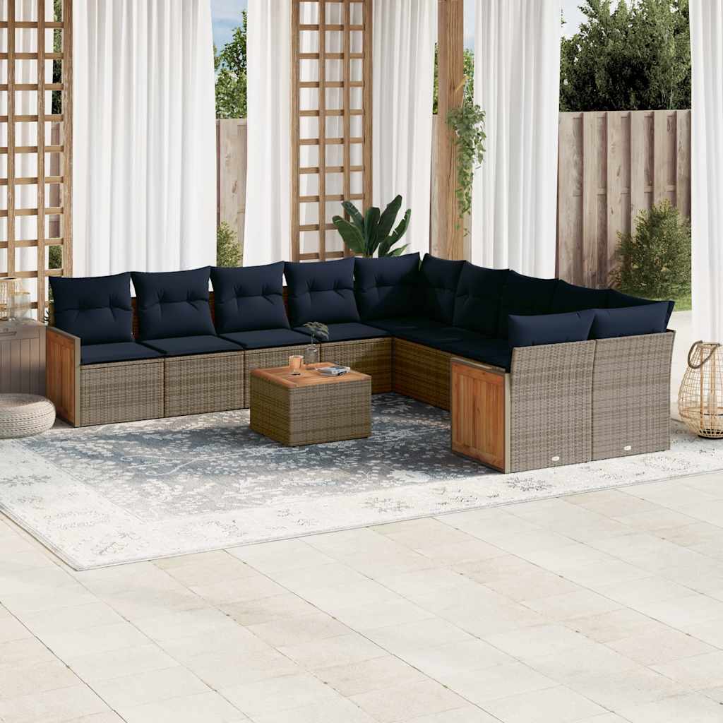 10-teiliges Gartensofa-Set mit Kissen, schwarzes Polyrattan