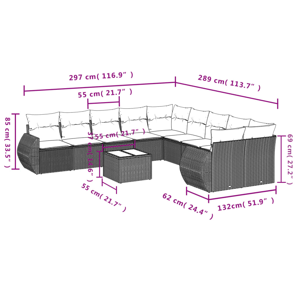 10-teiliges Gartensofa-Set mit Kissen, schwarzes Polyrattan