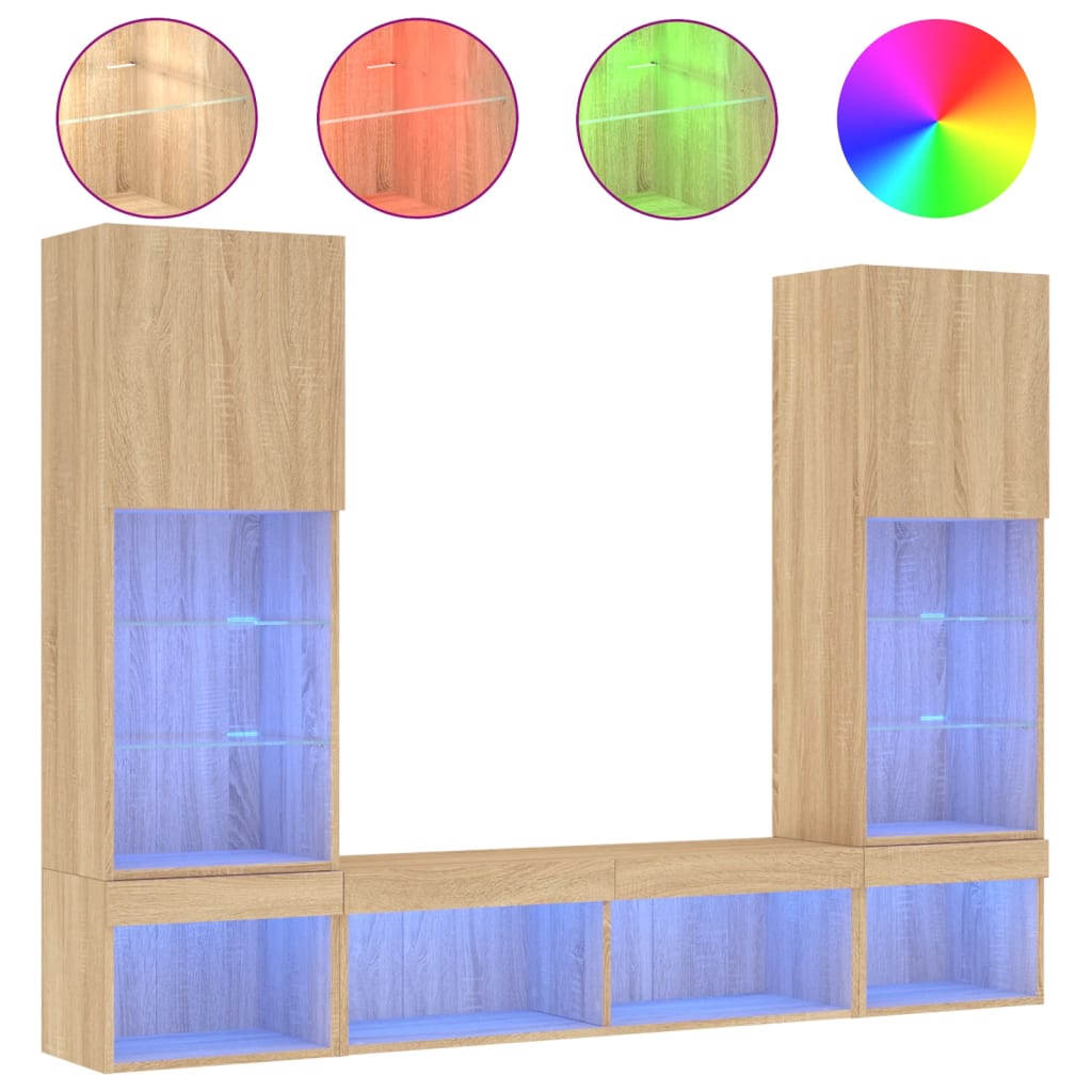 5-tlg. Wohnwand mit LED-Beleuchtung Weiß Holzwerkstoff