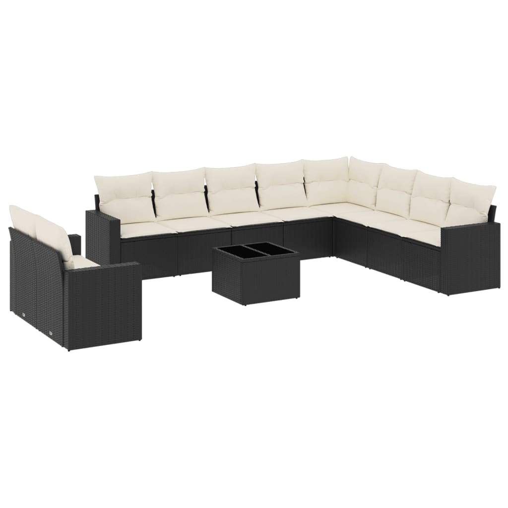 10-tlg. Garten-Sofagarnitur mit Kissen Schwarz Poly Rattan