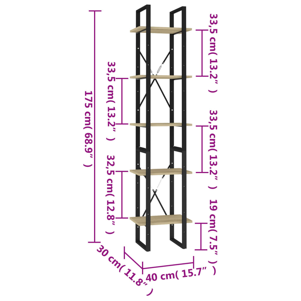 Bücherregal 5 Fächer Weiß 40x30x175 cm Holzwerkstoff