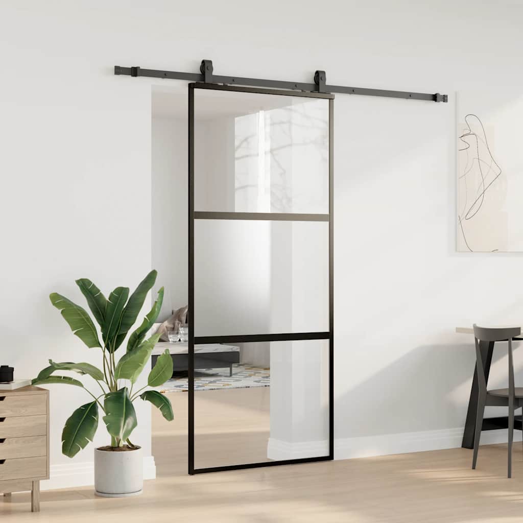 Schiebetür mit Beschlag Schwarz 76x205 cm Hartglas