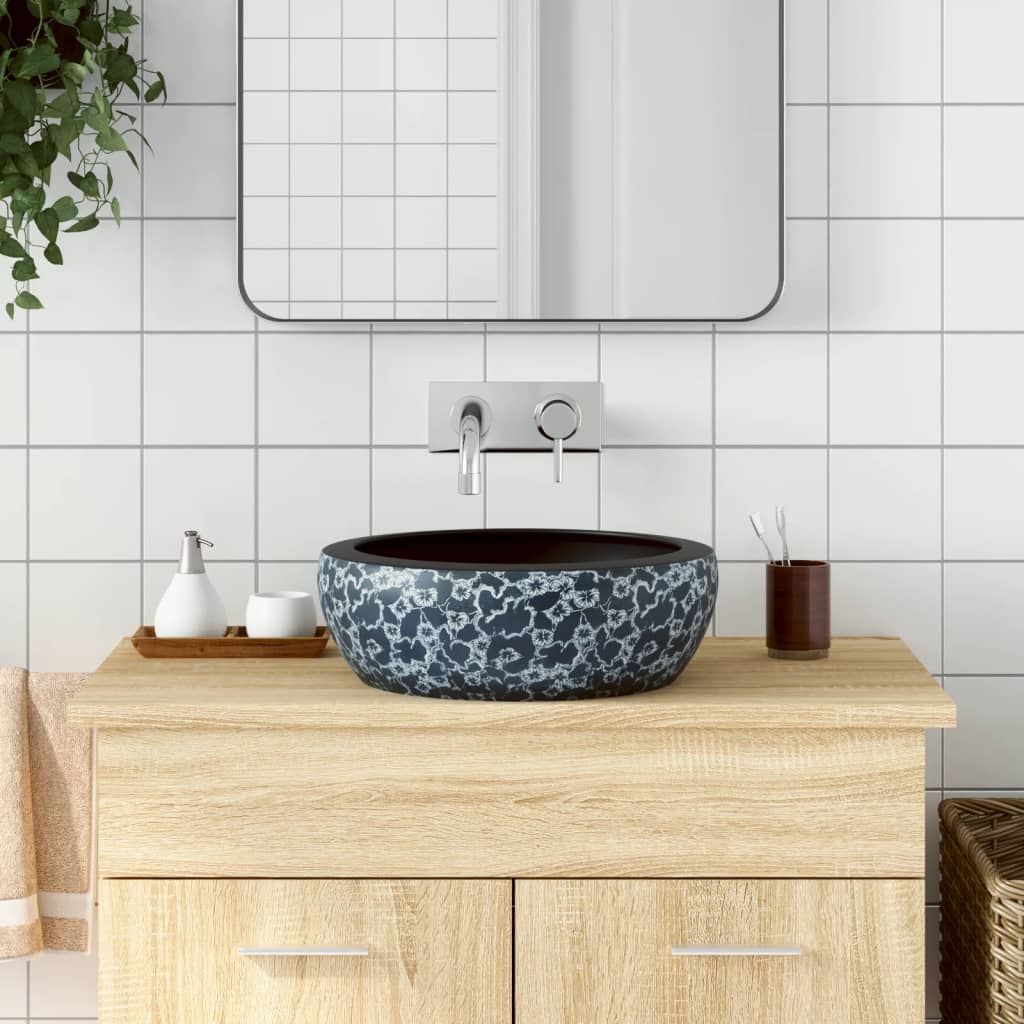 Aufsatzwaschbecken Weiß und Blau Rund Ø41x14 cm Keramik