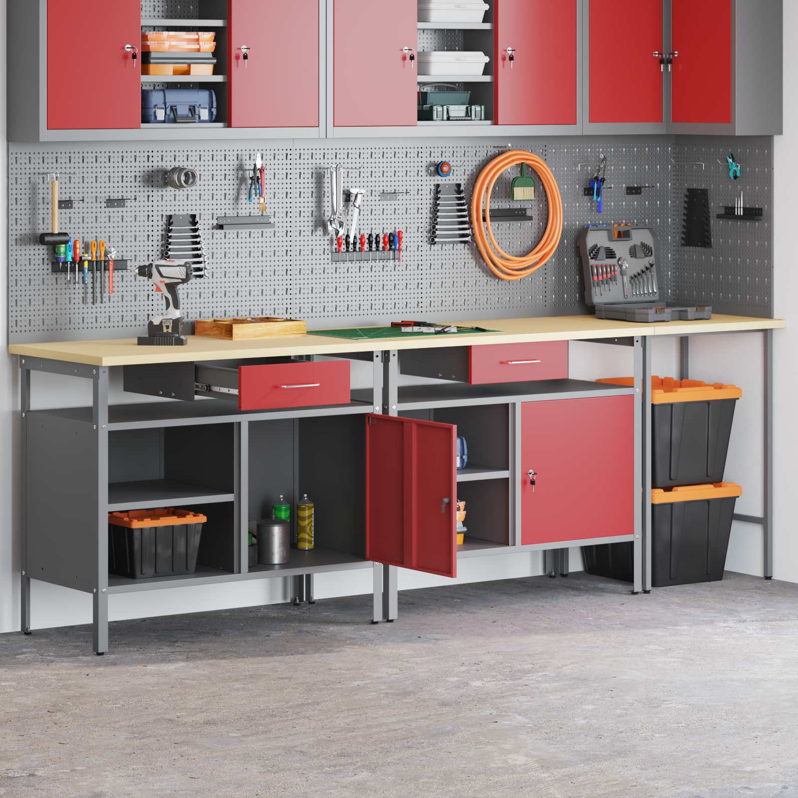 Werkbank-Set mit Schubladen 2 pcs Rot und Grau 200 x 55 x 85 cm