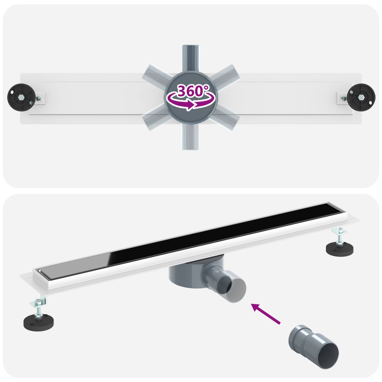 Duschabfluss mit Glashülle und 360° Siphon Schwarz 50 cm