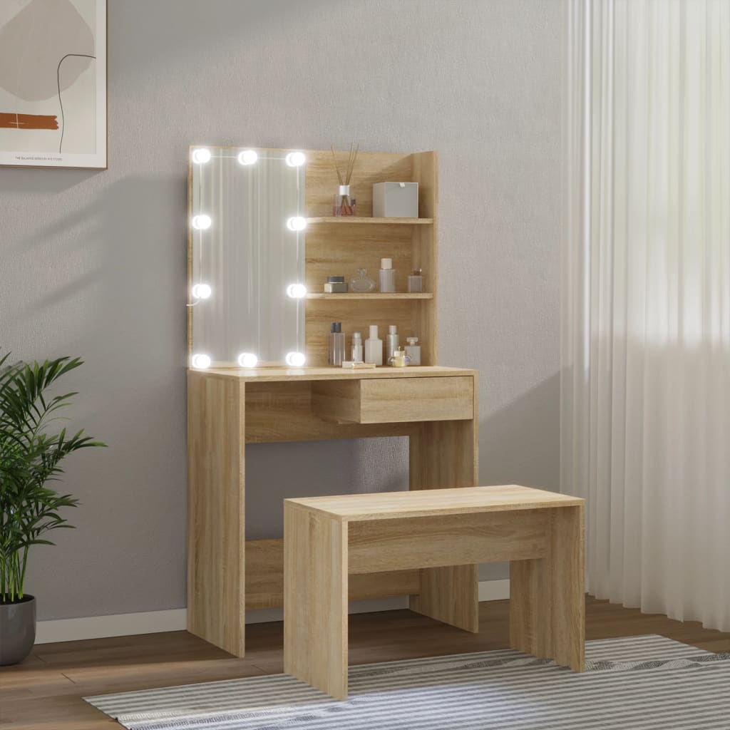 Schminktisch-Set mit LED Weiß Holzwerkstoff